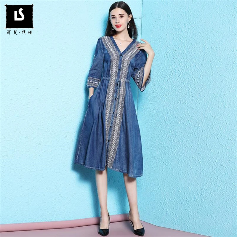 Women Spring autumn embroidered Drawstring slim waist Sexy V-neck Denim Dresses Vintage Jeans Dress Streetwear Plus Size Vestido Women Spring autumn embroidered Drawstring slim waist Sexy V-neck Denim Dresses Vintage Jeans Dress Streetwear Plus Size Vestido