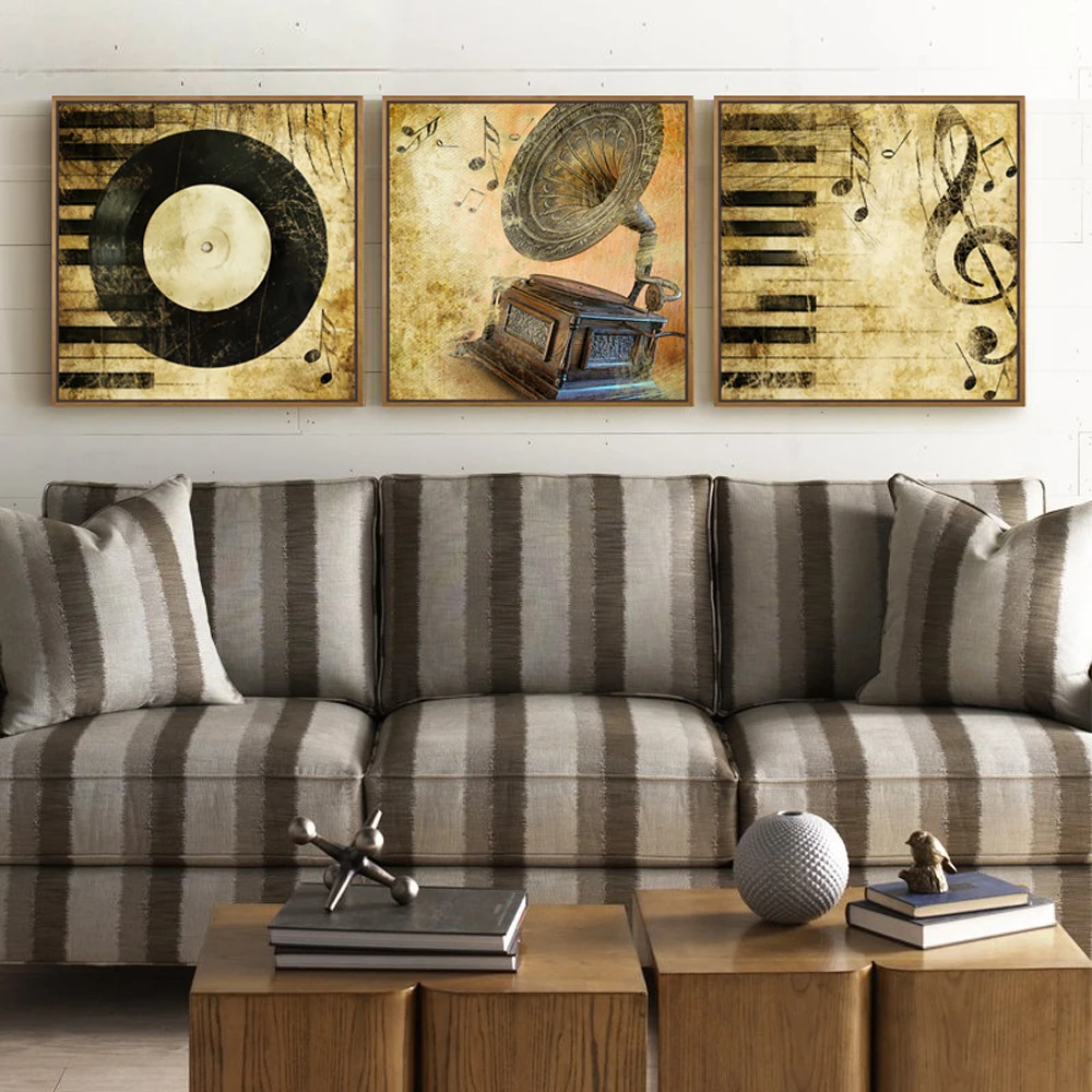 The new arrival wall art painting 3 piece classic music picture of disk the piano black