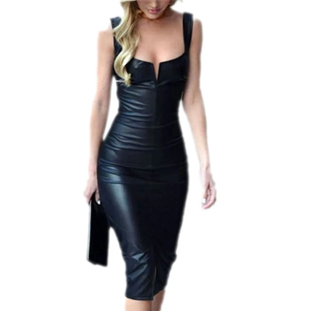 

Leather Dress 2019 Fashion Women Bandage Bodycon Pencil Sleeveless Club Party Short Dress Leather boat neck sleeveless dresses