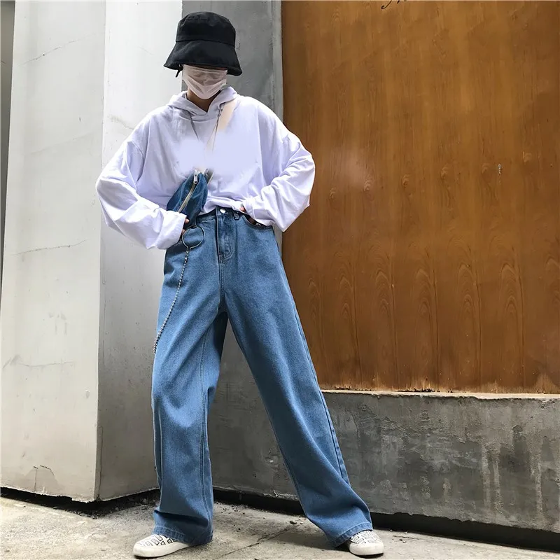 

2019 Summer Women Streetwear High Waist Denim Long Trouser High Street Loose Pocket Button Straight Wide Leg Jeans
