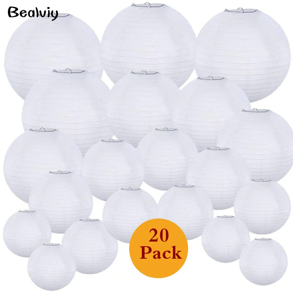 

Hot 20 Pcs/set 4"-12" White Chinese Paper lampion Lanterns Assorted Sizes Round Paper Lanterns Wedding Party Hanging Decor Favor