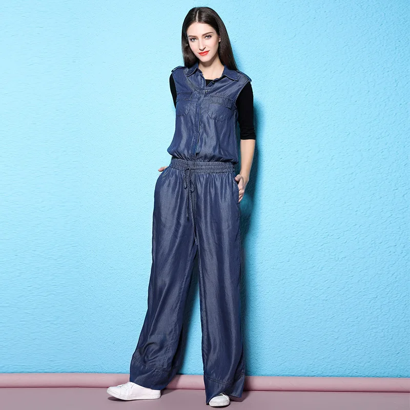 

Autumn women's fashion jumpsuits waisted shape design drawstring loose tencel thin fabric denim junmpsuit for women NW17B1095-1