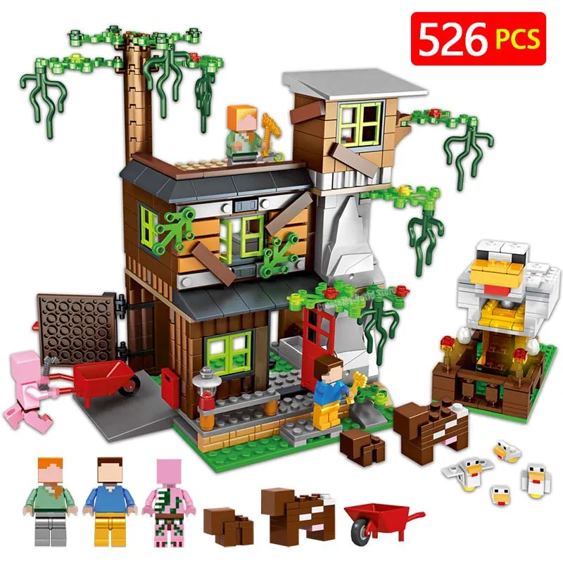 

526pcs My World Steve Figures Bricks Set Building Blocks Compatible Legoingly Minecrafted Farm Henhouse Toys for Childrenhaving