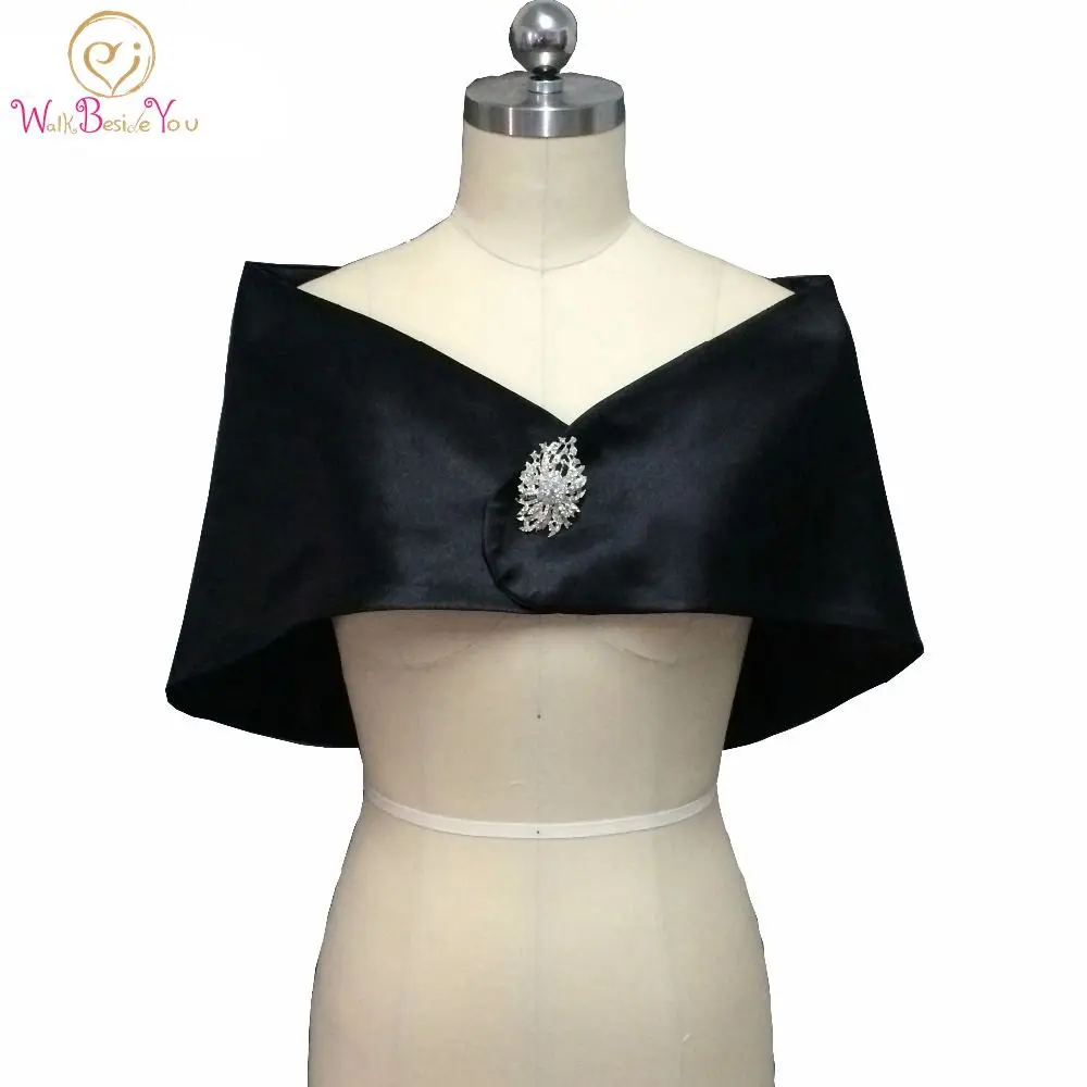 

Romantic Black Satin Evening Capes Wedding Boleros with Brooch Prom Party Jacket Custom Made