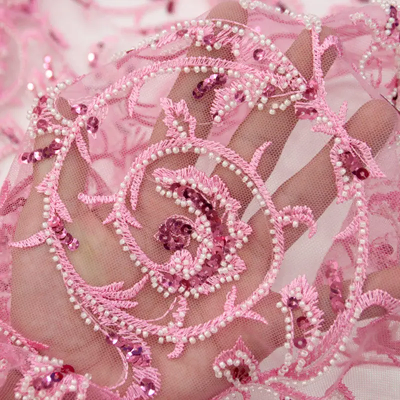 

2018 Luxury French net lace fabric pink African tulle mesh lace fabric with lots of sequins and beads for women dress AD657