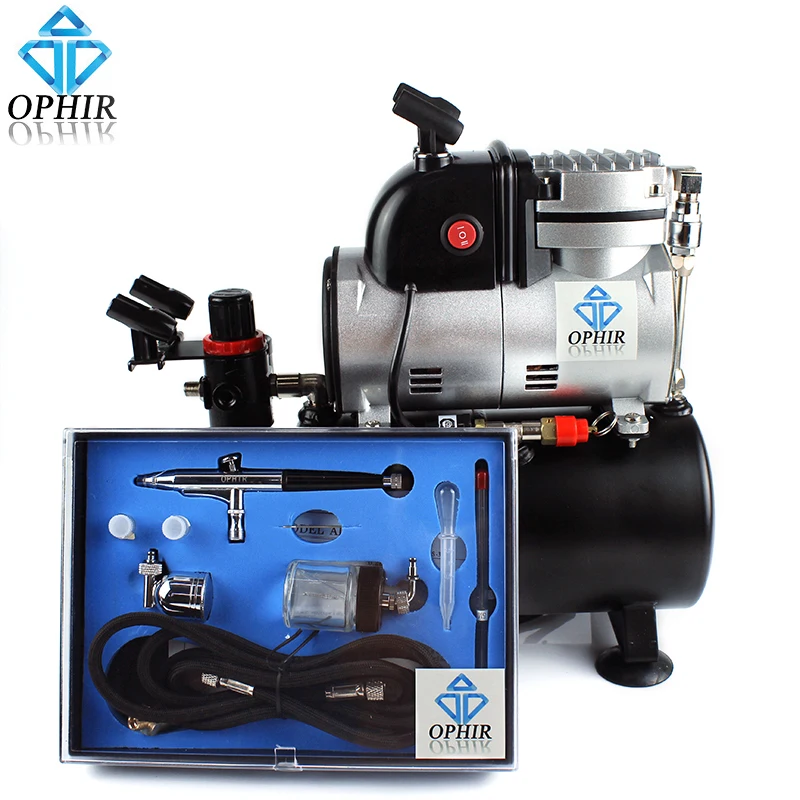 Цена OPHIR 0.2 мм, 0.3 мм, 0.5 мм двойного действия Аэрограф Комплект с Pro Air Tank компрессор для DIY торт татуировки Хобби Дизайн ногтей kit_ac116 + ac074