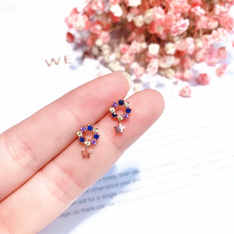

MENGJIQIAO 2018 Korean New Micro Inlay Colorful Zircon Circle Stud Earrings For Women Delicate Star Tassel Boucle D'oreille Gift