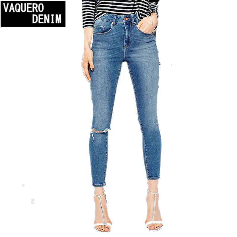 Мода бренд обтягивающие рваные с высокой талией джинсы женские корейские узкие тонкие брюки-карандаш капри Синие рваные джинсы SL017