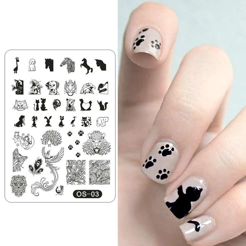 Горячая Мода животная тема кошка собака Павлин Леопард шаблон пластины для штамповки ногтей трафарет для ногтей шаблон инструмент OS03