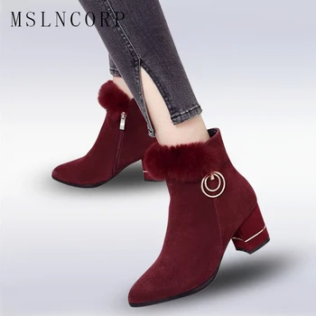 

Plus Size 34-43 Real Rabbit Hair Women Ankle Boots Zip Fashion Ladies Sexy Party With Fur Gray Shoes Woman Winter Snow Boots