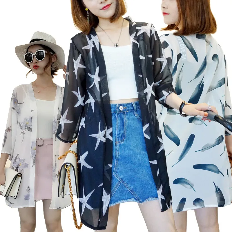 Модная женская рубашка с длинным рукавом Blusas куртка длинная свободная повседневная Sunblock укороченный шифоновый кардиган с принтом кимоно