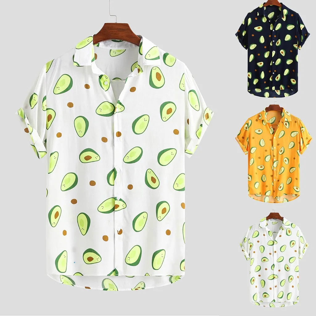 Гавайские мужские рубашки с забавным принтом авокадо, отложной воротник, короткий рукав, повседневные мужские рубашки на пуговицах, уличная одежда, пляжные рубашки, Camisa