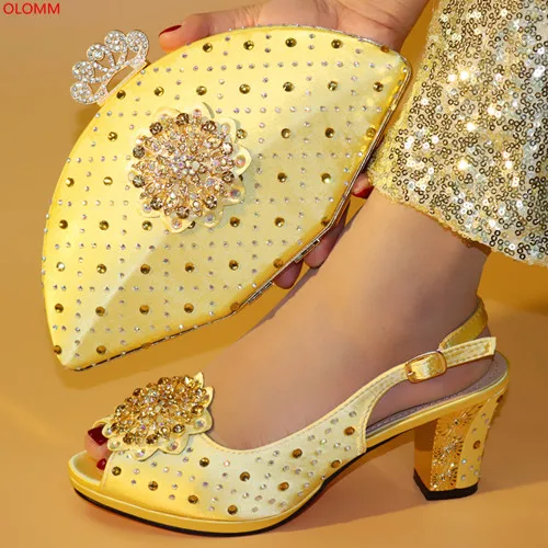 

OLOMM Gold color African Party Italian Shoes with Matching Bags for Women Italian Ladies Shoe and Bag Set . N1-42