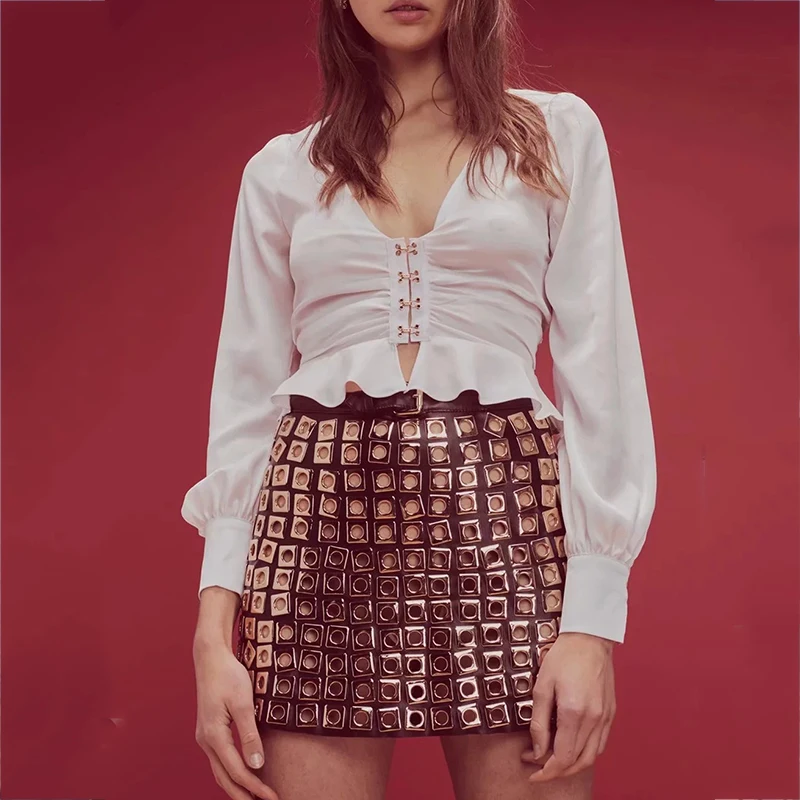 

Women Vintage Women Deep V Neck Blouse With Hook And Eye Trim Detail with Ruffles Hem Self-Covered Buttons Puffed Sleeve