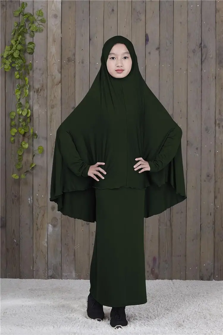 Abaya/длинное мусульманское платье-хиджаб Maxi для девочек; комплект одежды для молитвы в мусульманском стиле; Рамадан; Бурка; костюмы для детей с полным покрытием; новое арабское платье - Цвет: Dark Green