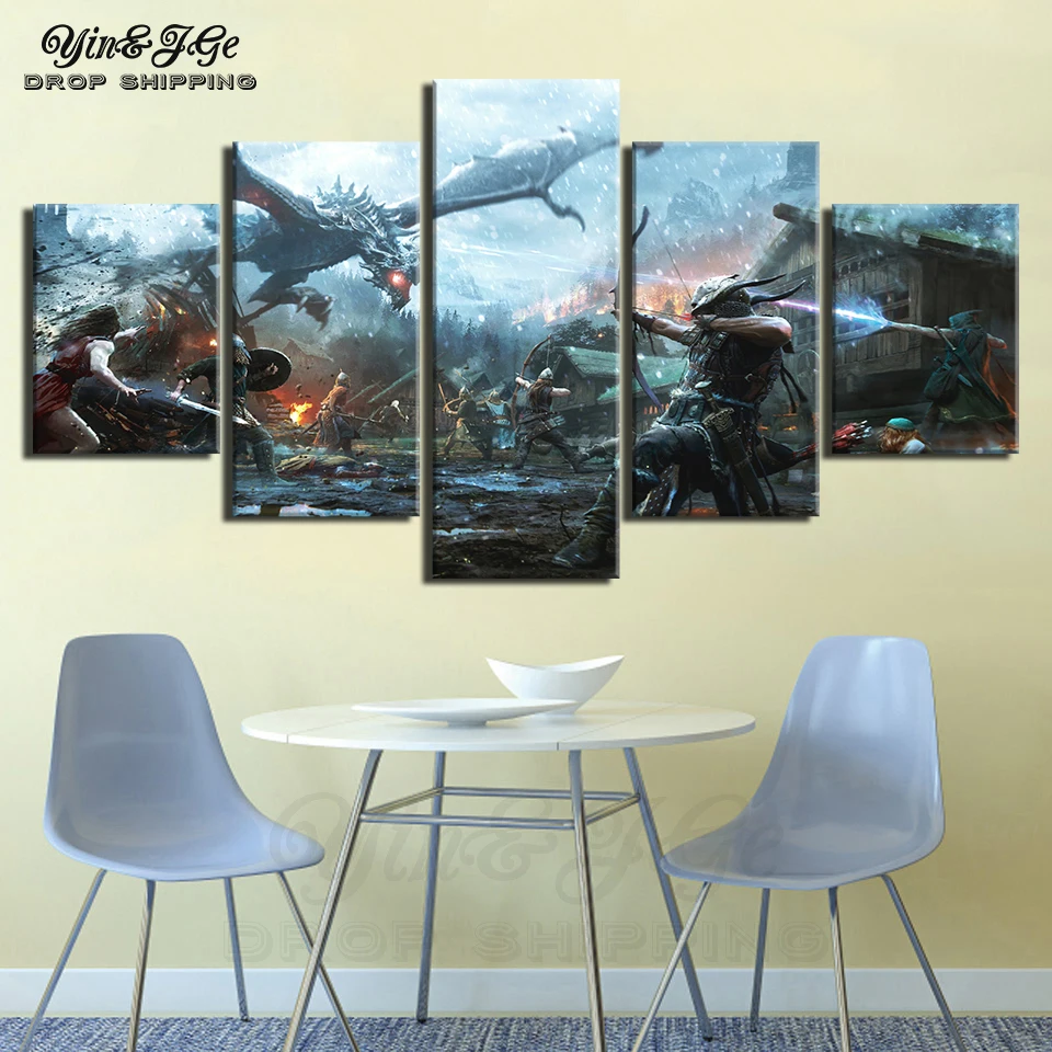 

Canvas HD Print Picture Frame 5 Panel Elder Scrolls Skyrim Painting Wall Art Archer Battle Dragon Poster Modular Home Decor Room