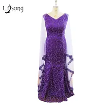 Moda Púrpura Vestido de Noche Largo Con el Casquillo Largo de Nigeria África Arabia Saudita Encaje Vestidos Formales Vestido de Noche de Las Mujeres Vestidos de Fiesta