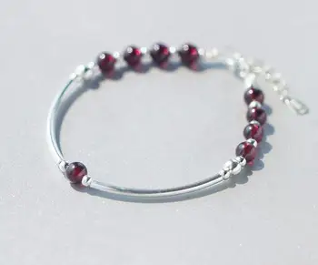 

Tinny 5mm(length 17cm-20cm)Real. 925 Sterling Silver Natural red Garnet Stone &round Lucky Bead Bracelet Fine Jewelry GTLS336