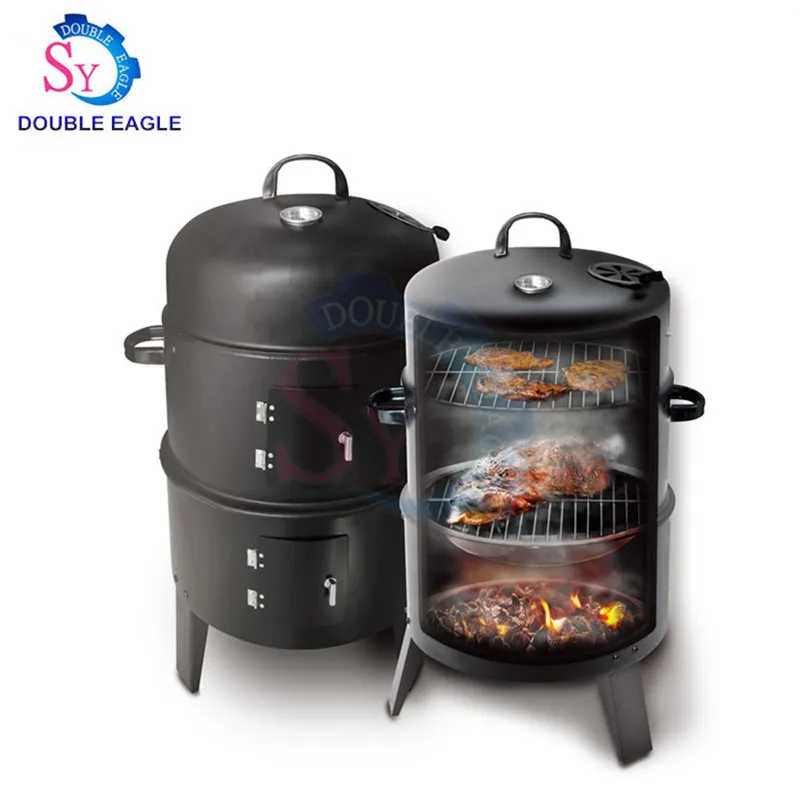 

Household cheap black cylindrical Smokers Outdoor toaster/Small smoky cast Iron oven/Three layer circular Charcoal BBQ grill