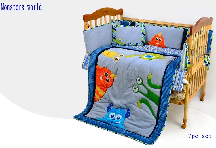 Embroidery Monsters Blue Baby Boy Crib Bedding Set 7pc Nursery