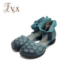 Tayunxing handmade shoes genuine leather leisure women sandals comfort low heel casual zip ankle strap hollow 3688-28
