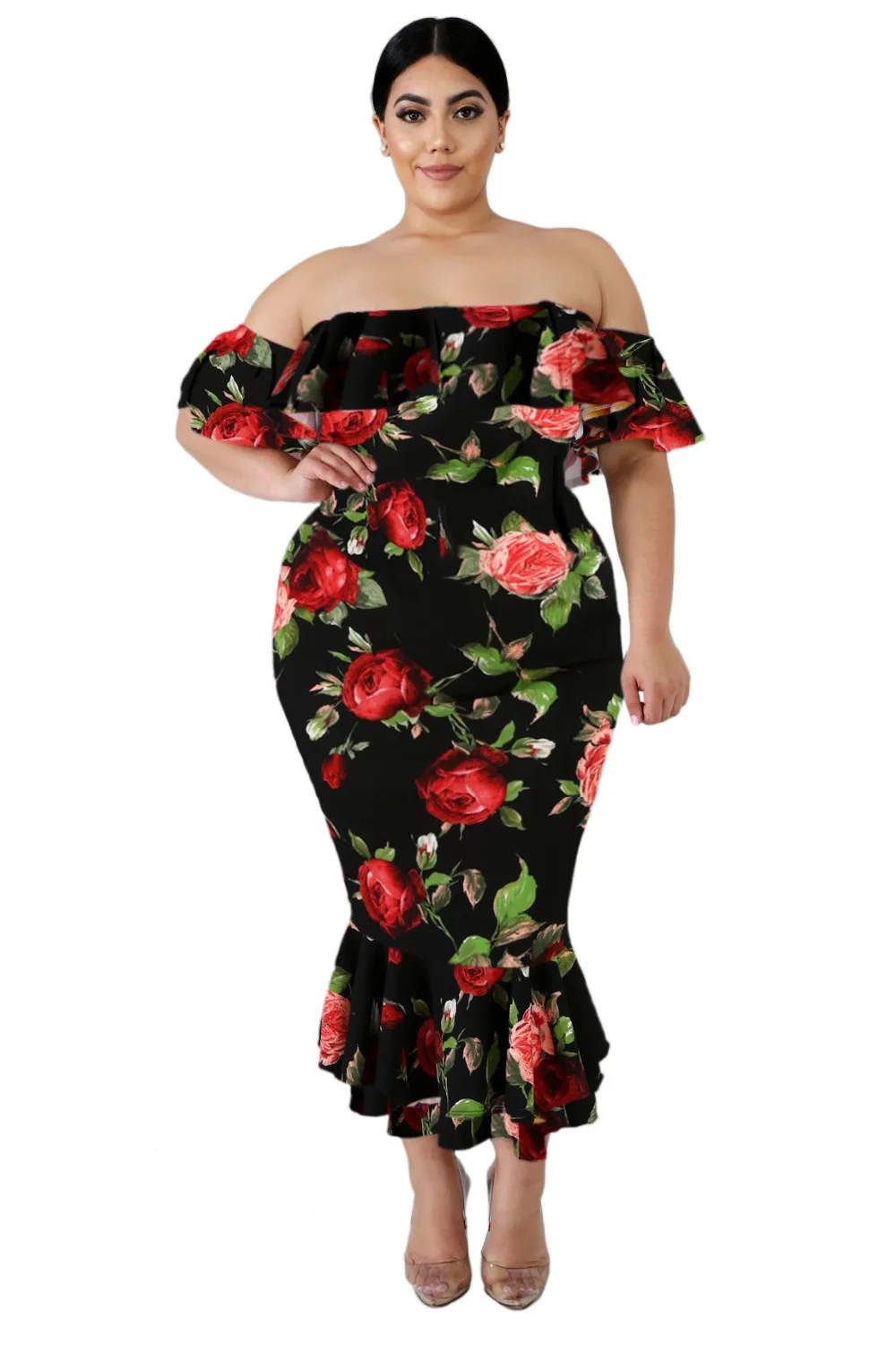 Black-Off-the-shoulder-Floral-Mermaid-Plus-Size-Dress-LC611116-2-1