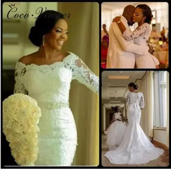 

Boat Neck 3/4 Sleeve Pure white African Wedding Dress Mermaid 2019 New Lace Embroidery Bead Sashes Bridal Wedding Dresses W0362