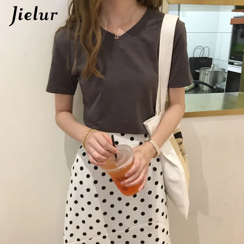 Jielur, модная, короткая, 10 цветов, v-образный вырез, топ, Корейская футболка для женщин, лето, хипстер, хлопок, белая, Camisas Feminina, Прямая поставка - Цвет: Dark gray