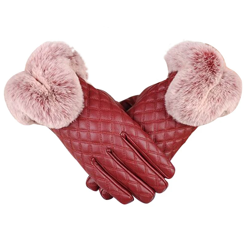 Женские зимние перчатки из натуральной овечьей кожи Настоящий мех кролика толстые теплые осенние кожаные меховые женские - Цвет: Red