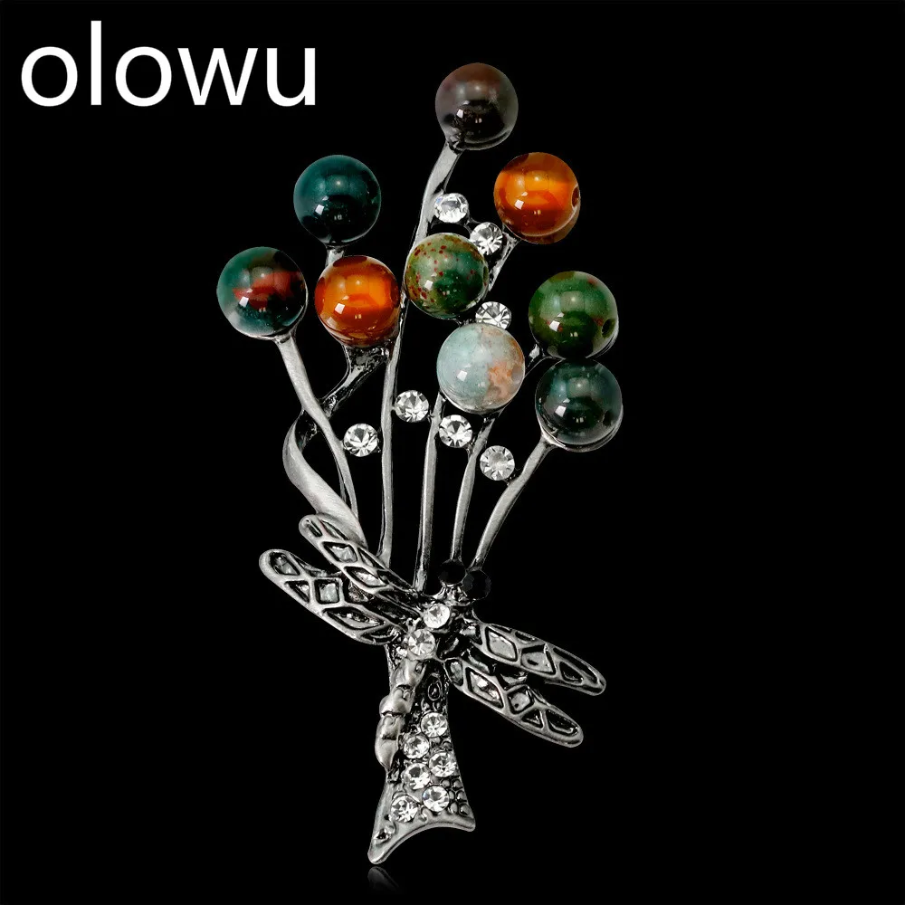 Olowu античное серебро Кристалл Стразы цветок брошь в виде стрекозы натуральный цвет полудрагоценный камень брошь из бисера булавки