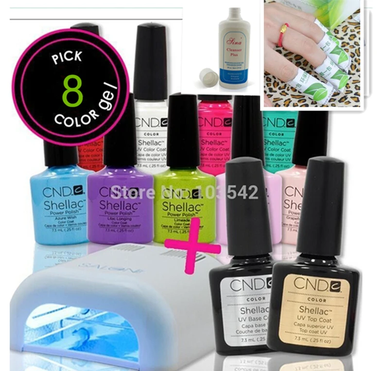 

shellac 13pc/set Soak Off UV LED Nail Gel Polish base + top + 8 color gel + lamp+ cleaner + remover