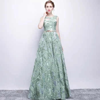 

Green Evening Dress 2019 A Line Tulle O neck Long Prom Party Dress Metal Belt Lace Abendkleider 2019 Evening Gowns