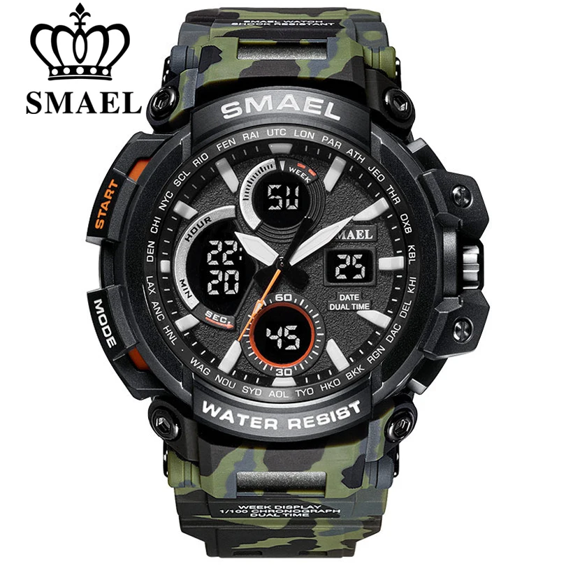 

SMAEL Camouflage Military Watch Men Waterproof Dual Time Display Mens Sport Wristwatch Digital Analog Quartz Watches Male Clock