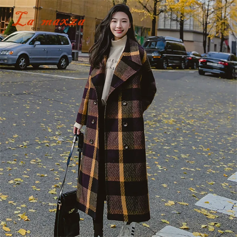 

Women Coats Wool Winter 2018 Women Plaid Fashion Vintage Korean Style Wool Coat Casual Long Cashmere Coat