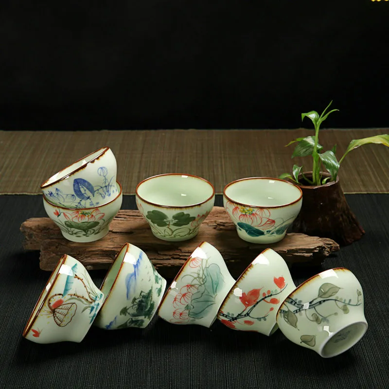 Чайная чашка из селадона, ручная роспись, высококлассная, печь celadon, чашка Ruyi, узор лотоса, офисные чашки, 9 шт./компл