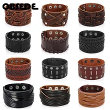 Oblugar pulseira de couro genuíno masculina, grande pulseira de couro para homens punk marrom pulseiras e braceletes de presente das joias masculinas vintage