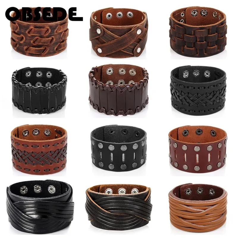 Unisex Punk Black/Brown Real Genuine Leather Cowhide Rivet Hollow Cuff Bracelet