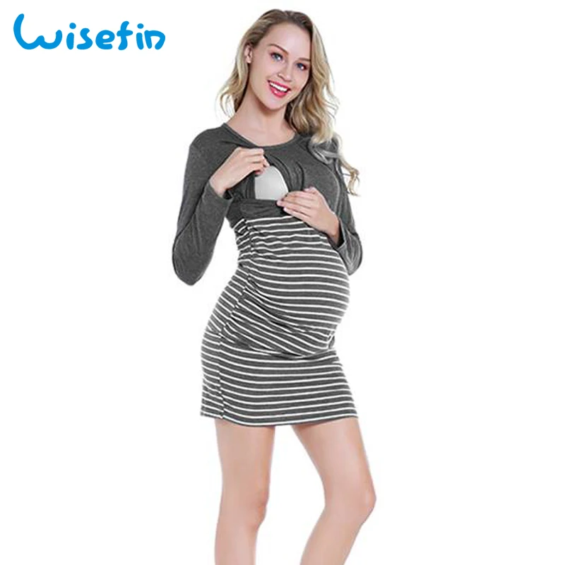 

Wisefin Striped Maternity Dresses Pregnancy Clothes Breastfeeding Top Nursing Dress Pregnant vestido Long Sleeve femme Dress