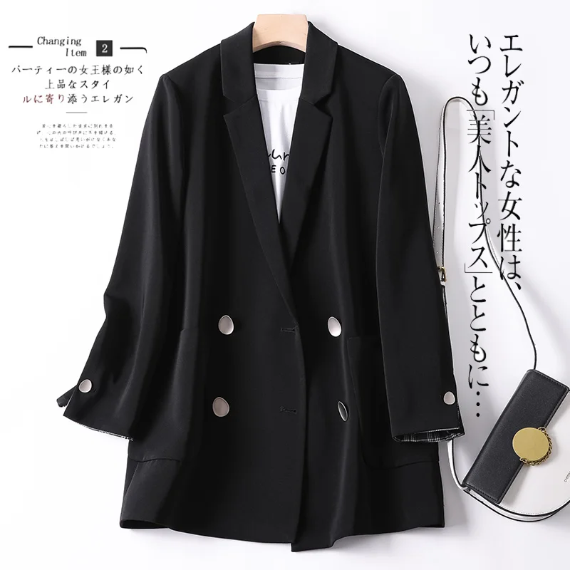 Shuchan Double Breasted Blazer Feminino Notched Loose Women's Jacket Autumn Fall 2019 New Items Solid Black Blazer Korean