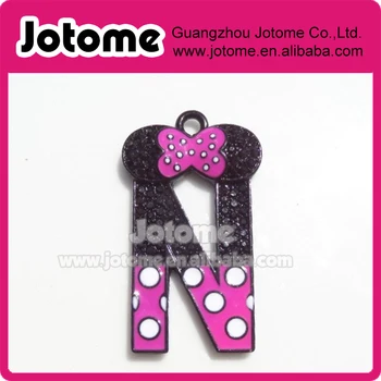 

Letter N Rhinestone and Enamel Black Mouse Inspired Pendant with pink and Polka Dot