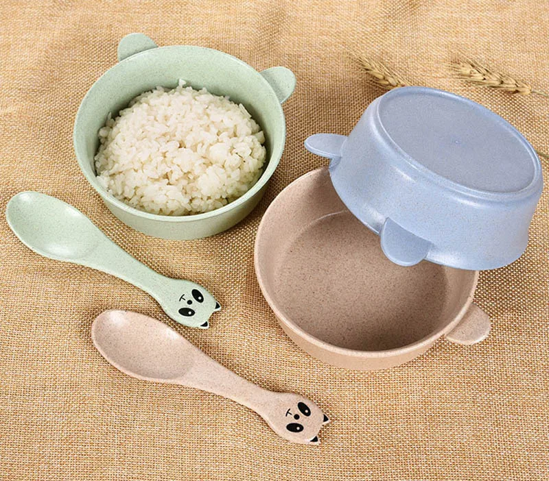 2 PcsSet Baby Feeding Food Tableware Panda Wheat Kid Dishes Eco-Friendly Children Training Dinnerware Plate Bowl Spoon BB5088 (8)