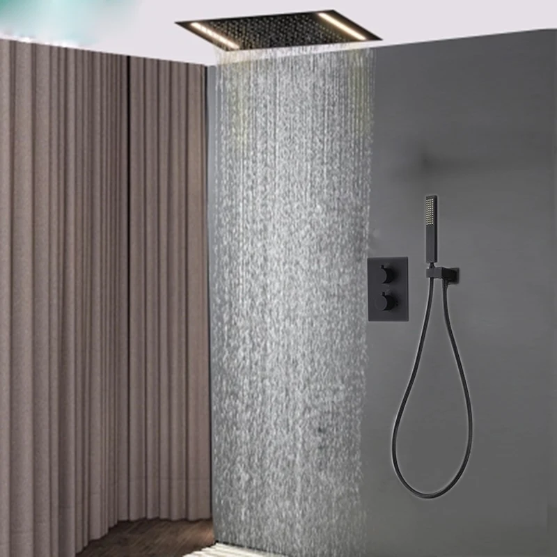 

JMKWS Shower Head Black Surface Treatment 304SS Rainfall Shower Set LED Electric Power Thermostat Mixer Faucet Concealed Install
