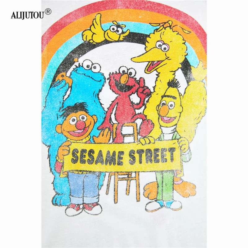 zaraing crossover Sesame Street T-shirt 2019 Summer Fashion Print Female T-shirt White Cotton Women Tshirts Casual Harajuku Top