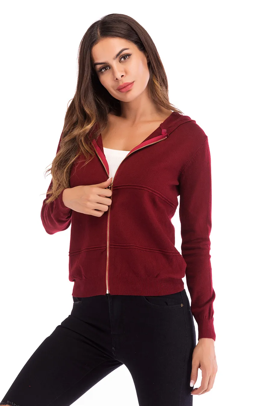 Gladiolus 2018 Knitted Women Autumn Coat Long Sleeve Winter Red Slim Zipper Hooded Women Jacket Fashion Ladies Coats Outerwear (28)