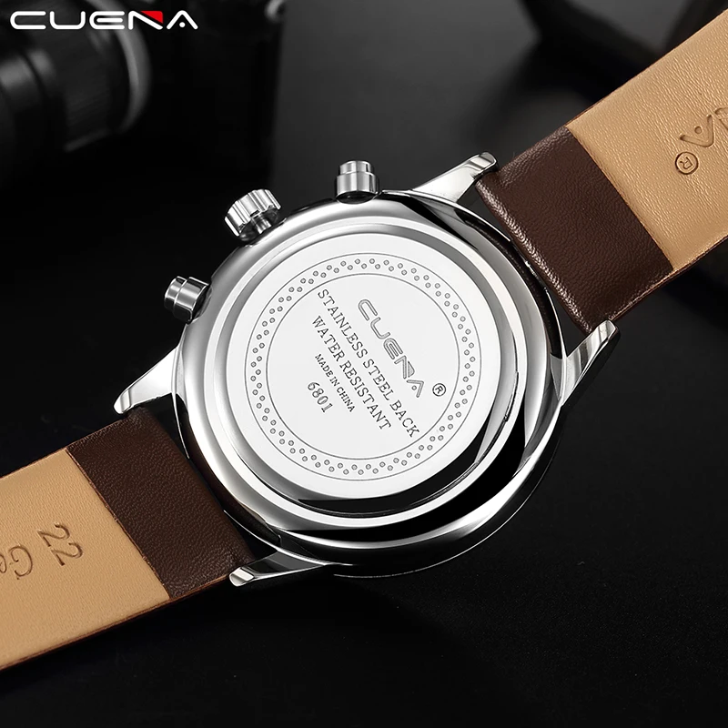 Бренд CUENA, мужские кварцевые часы, модные повседневные часы, мужские часы из натуральной кожи, водонепроницаемые мужские наручные часы 6801