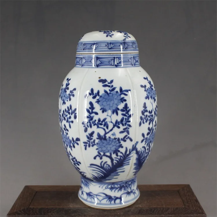 Античный фарфоровый горшок QingDynasty сине-белая банка с рисунком цветов ручная