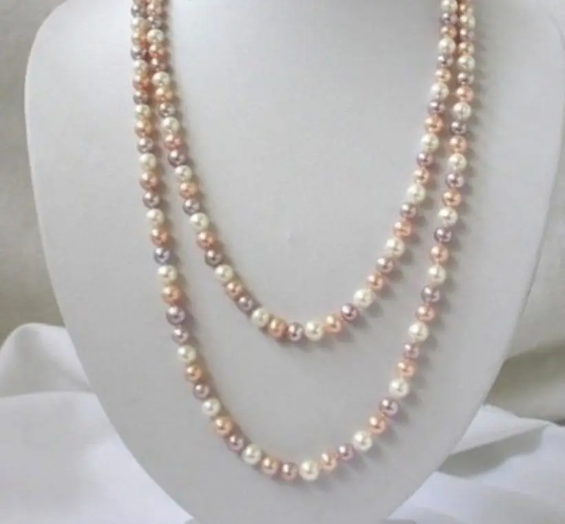 

QW478 8-9mm white pink purple freshwater pearls necklace 32"^^^@^Noble style Natural Fine jewe FREE SHIPPING