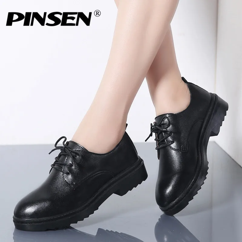

PINSEN 2019 Autumn Women Oxford Shoes Genuine Leather Lace Up Round Toe Ladies Shoes Woman Casual Flat Boat Shoes Moccasins