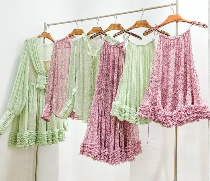 

100% Silk Floral Print Mini dress Sleevless Halter Neck Ruffled Hem Fashion soie Dress Woman 2019ss