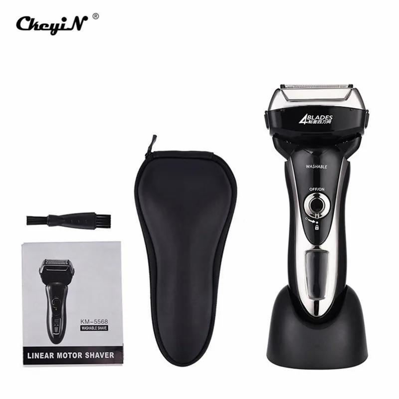 

CkeyiNLCD Reminder 4Blade Waterproof Electric Shaver Rechargeable Razor Sideburns Cutter Beard Face Shaving Machine+Travel Bag